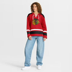 NHL Athletic Red Chicago Blackhawks Fanatics Women's Icing Long Sleeve Lace Up Sweatshirt