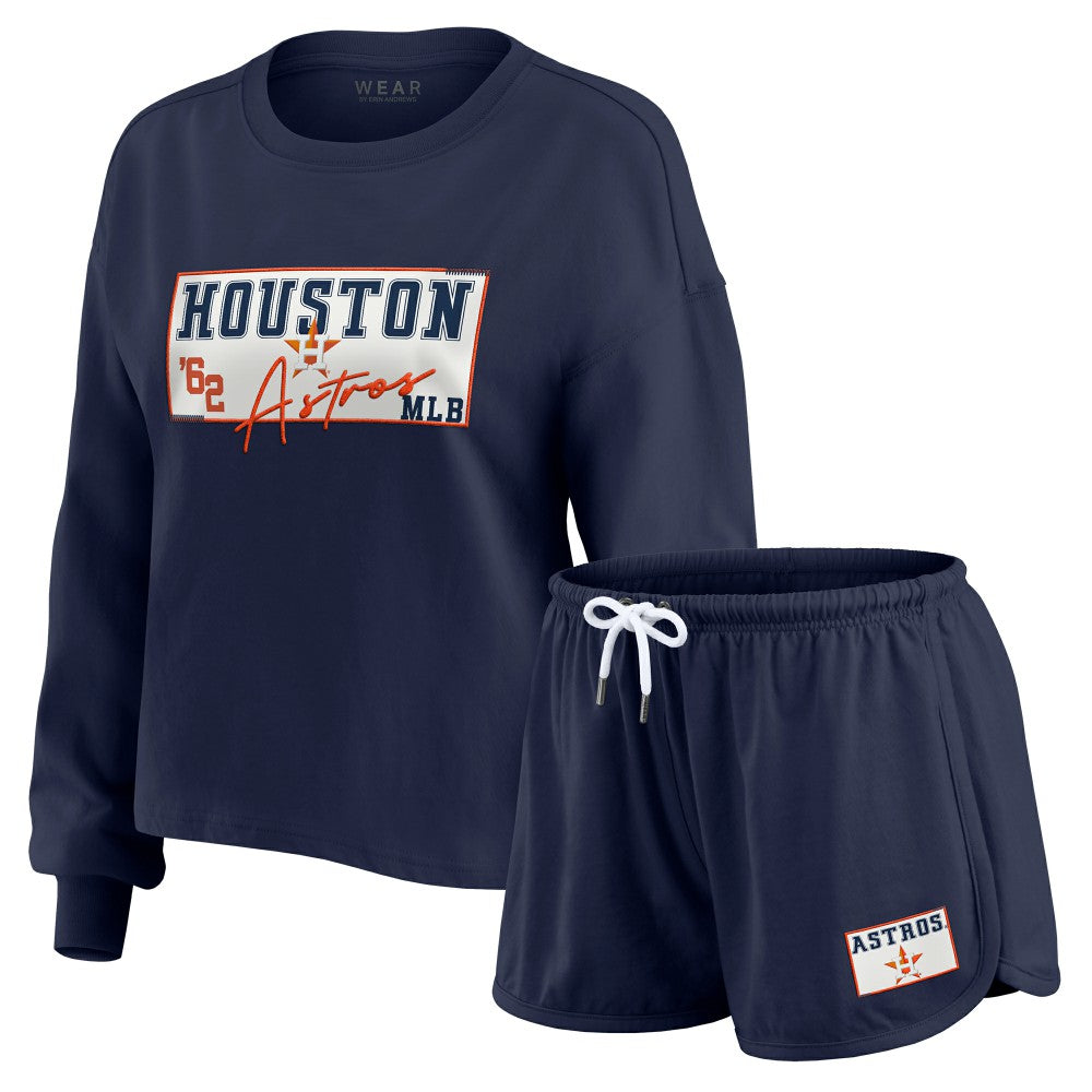 MLB Houston Astros WEAR by Erin Andrews Women's Heavy Rugby Jersey Cropped Long Sleeve T-Shirt & Shorts Lounge Set