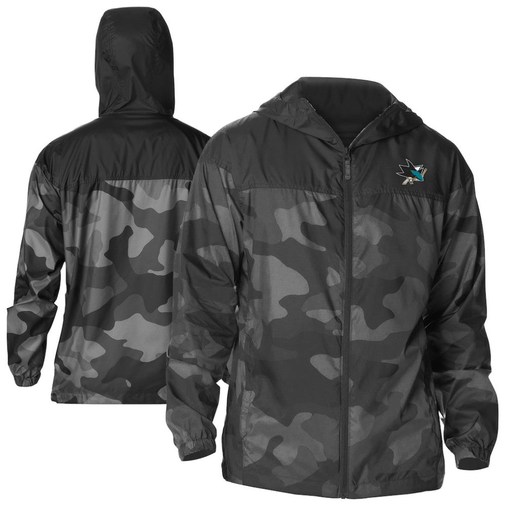 NHL Black San Jose Sharks Columbia Camo Flash Challenger Omni-Shade Full-Zip Hoodie Windbreaker