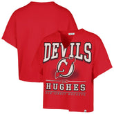 NHL Red Jack Hughes New Jersey Devils '47 Women's Elation Name & Number Oversized Notch Neck T-Shirt
