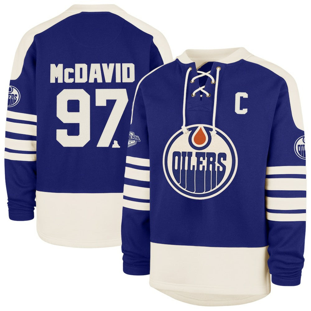 NHL Royal Connor McDavid Edmonton Oilers '47 Player Name & Number Sweep Check Eternal Lacer Sweatshirt