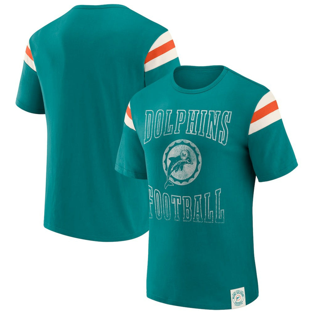 Darius Rucker Collection Distressed Throwback Shoulder Stripe T-Shirt - Miami Dolphins