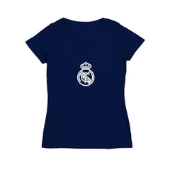 Real Madrid Vive La Fete Women's Color Badge V-Neck Fitted T-Shirt - Navy