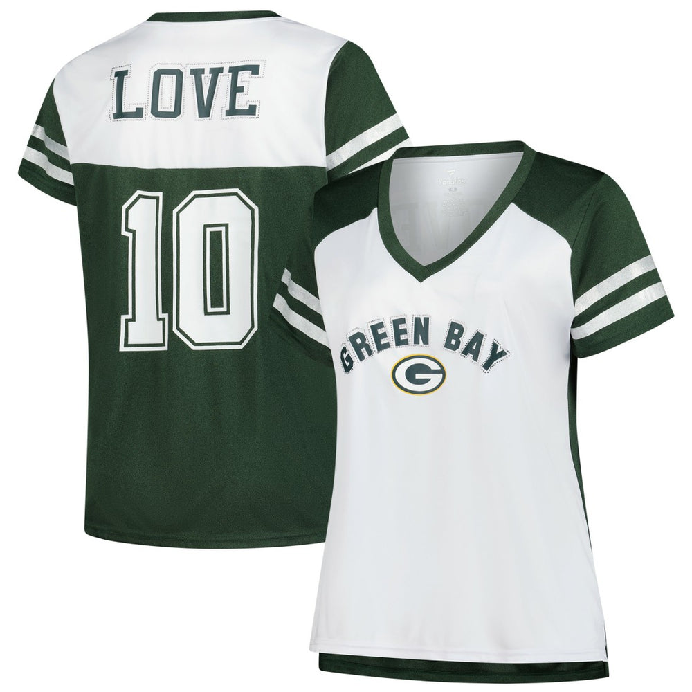 Jordan Love Women's Plus Size Bling V-Neck T-Shirt - Green Bay Packers