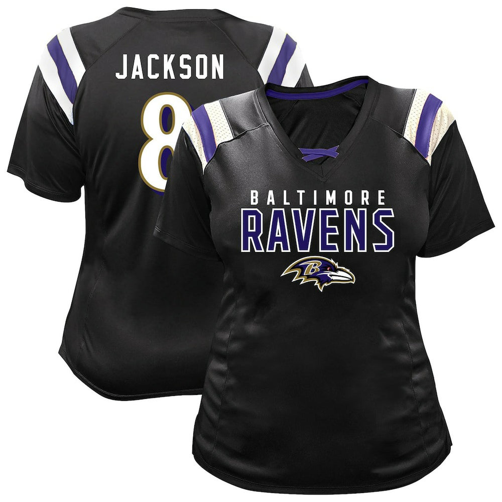 Lamar Jackson Women's Plus Size Name & Number Raglan Lace V-Neck T-Shirt - Baltimore Ravens