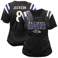 Lamar Jackson Women's Plus Size Name & Number Raglan Lace V-Neck T-Shirt - Baltimore Ravens