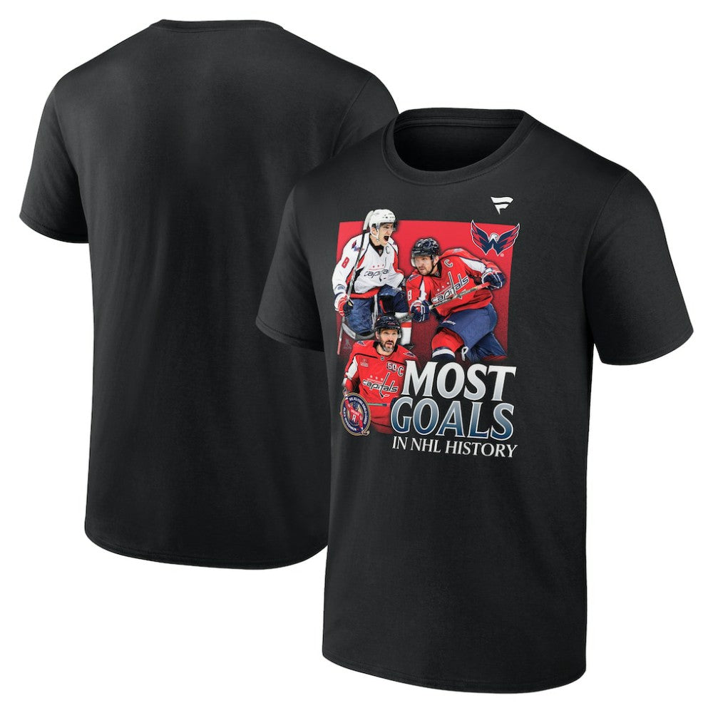 NHL Black Alexander Ovechkin Washington Capitals Fanatics Most Goals Evolution of 895 T-Shirt
