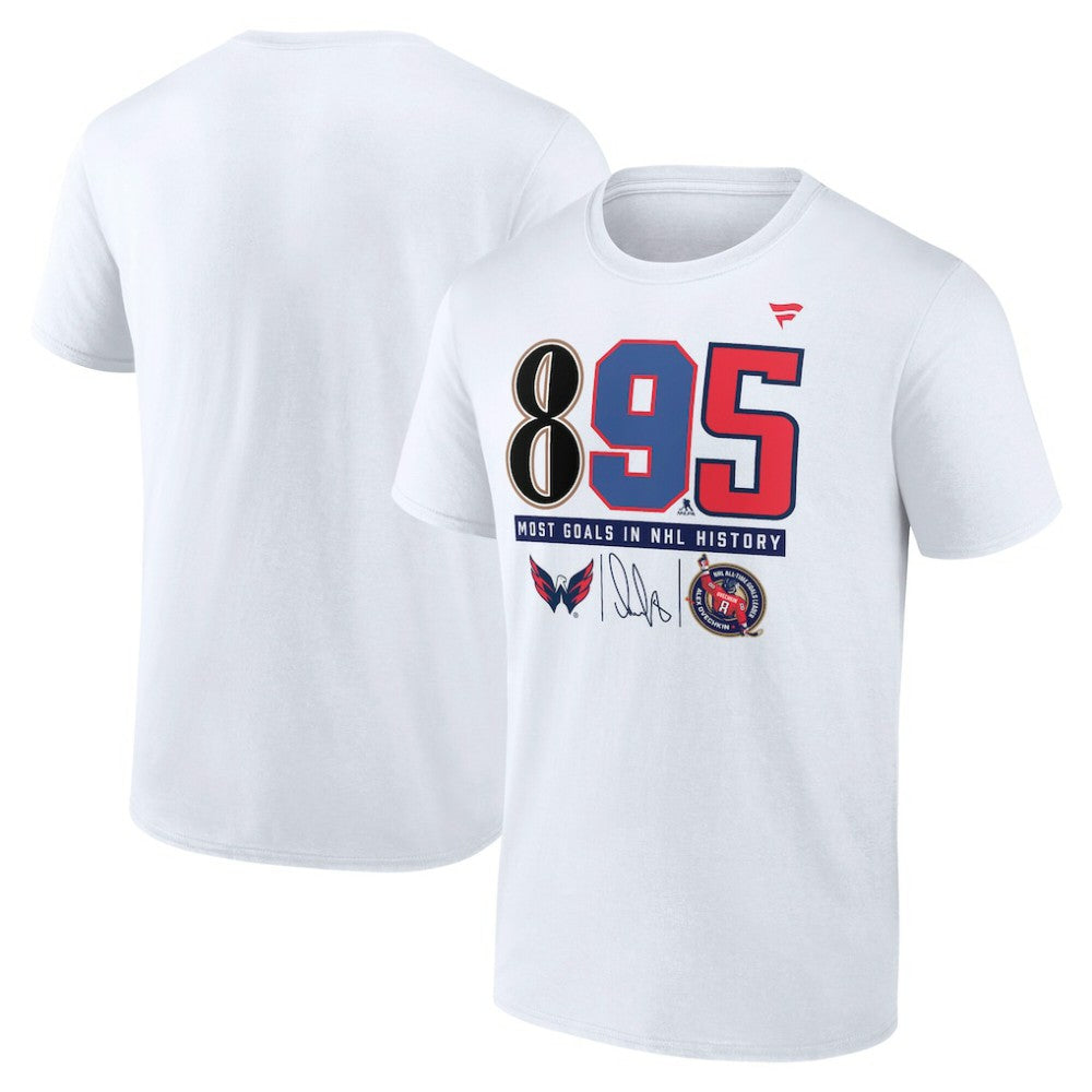 NHL White Alexander Ovechkin Washington Capitals Fanatics NHL All-Time Leading Goal Scorer The History of 895 T-Shirt