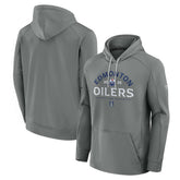 NHL Gray Edmonton Oilers Fanatics 2025 Stanley Cup Playoffs Authentic Pro Rink Fly Fleece Pullover Hoodie