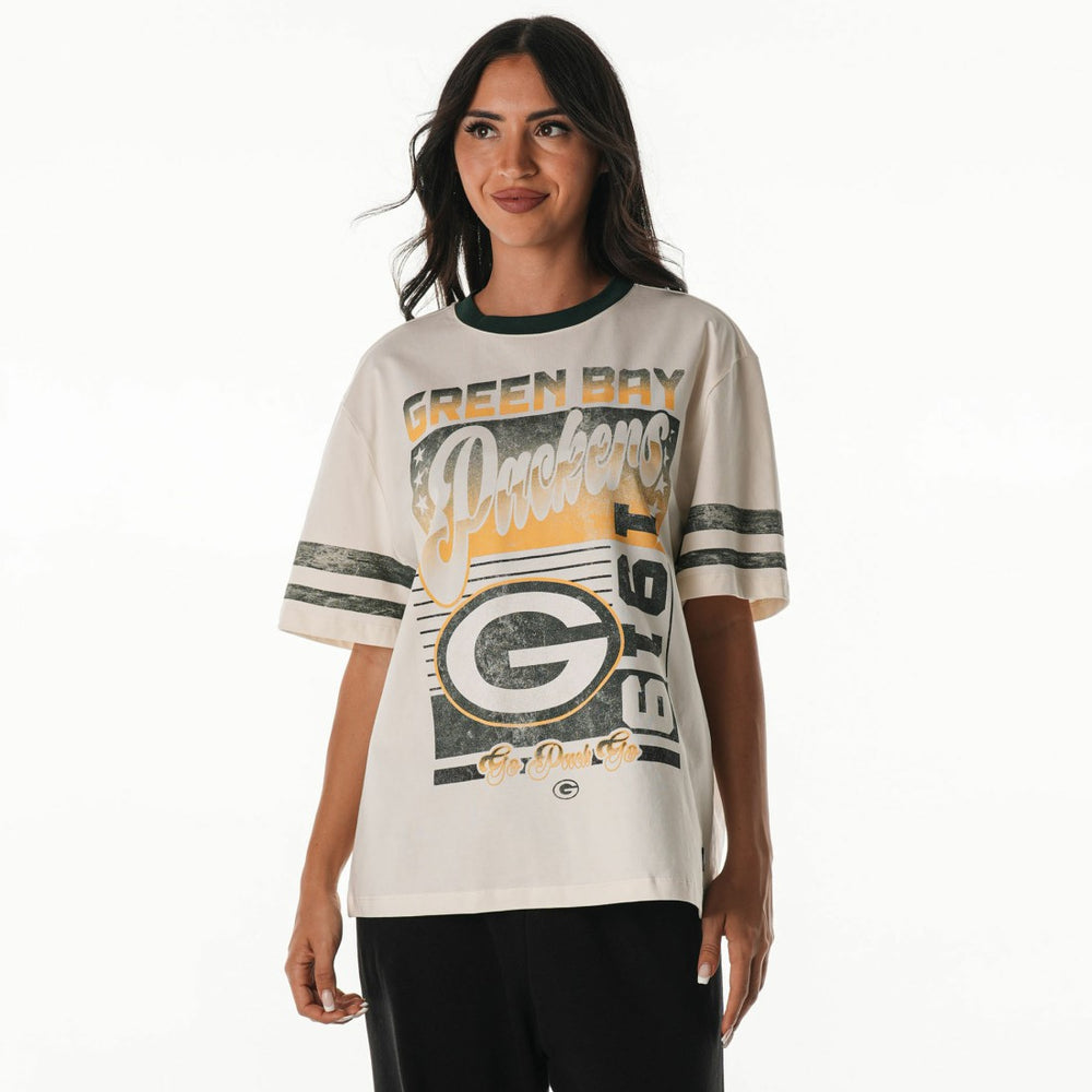 The Wild Collective Women's Vintage Drop Shoulder Oversized Boyfriend T-Shirt - Green Bay Packers