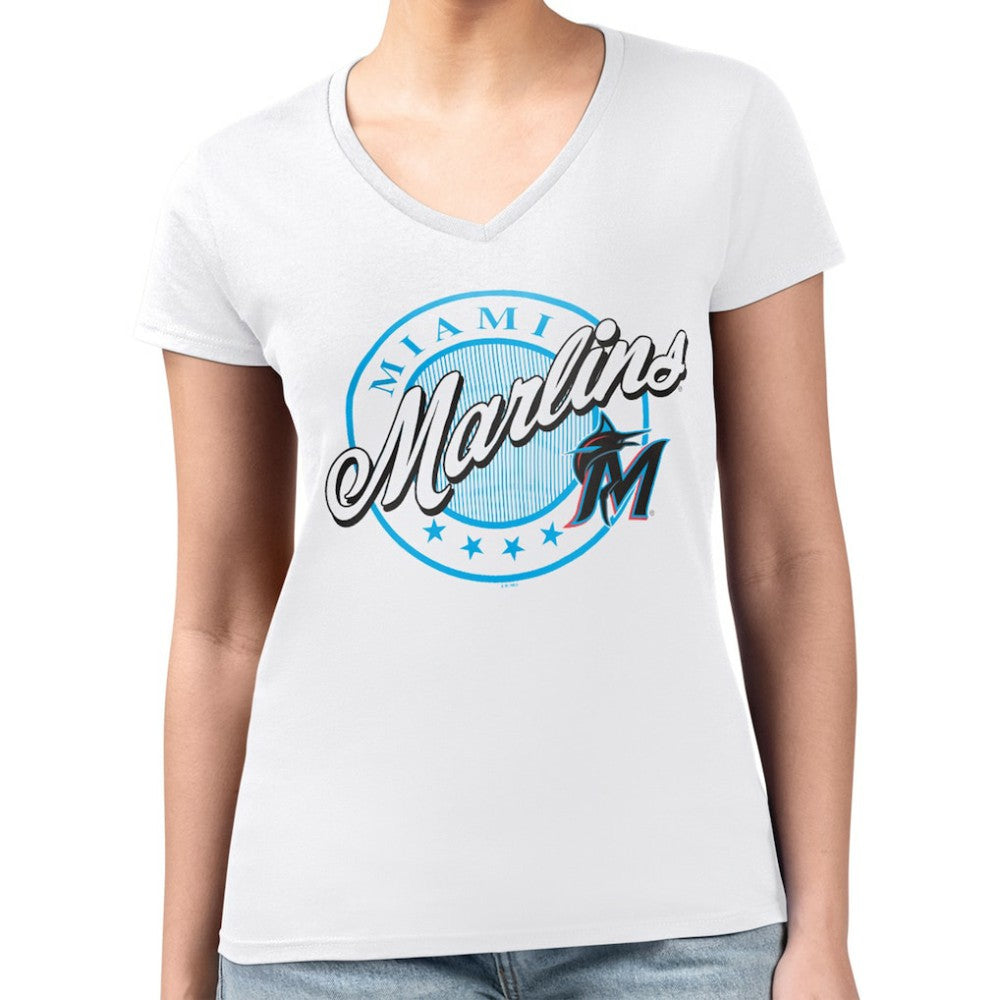 MLB Miami Marlins G-III 4Her by Carl Banks Women's Super-Slim Fit Lightweight Pinstripe Circle V-Neck T-Shirt