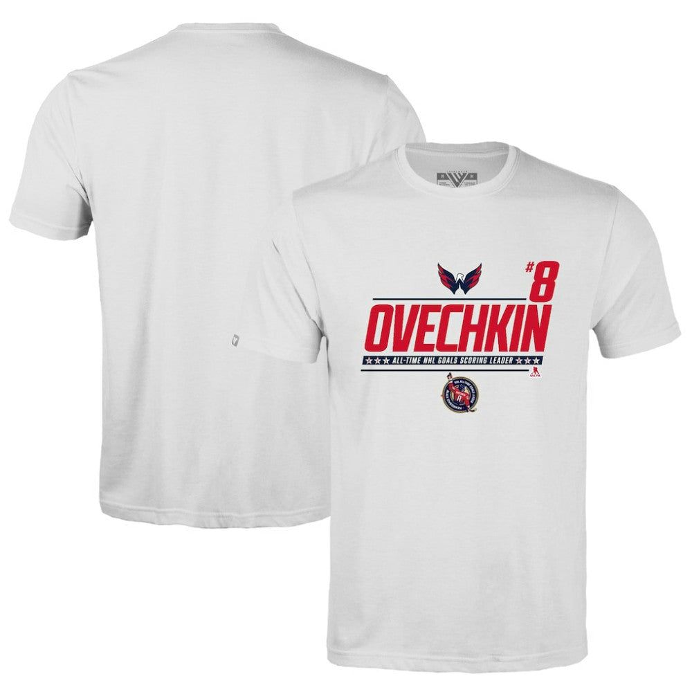 NHL White Alexander Ovechkin Washington Capitals Levelwear NHL All-Time Leading Goal Scorer Milestone Name & Number Richmond T-Shirt