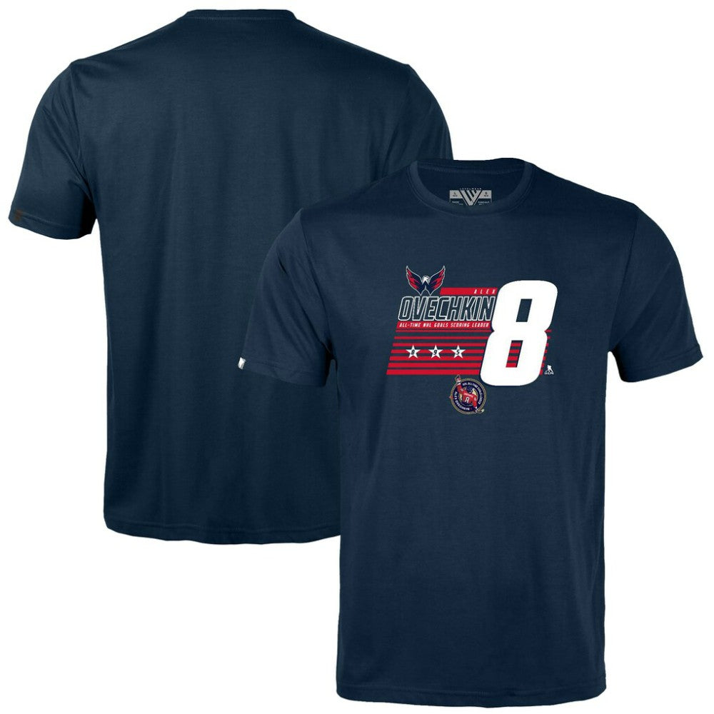 NHL Navy Alexander Ovechkin Washington Capitals Levelwear Youth NHL All-Time Leading Goal Scorer Milestone Stripes Name & Number Little Richmond T-Shirt