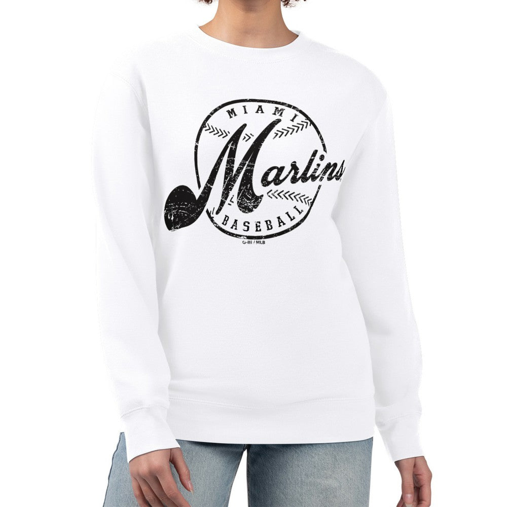 MLB Miami Marlins G-III 4Her by Carl Banks Women's Distressed Baseball Team Fleece Pullover Sweatshirt