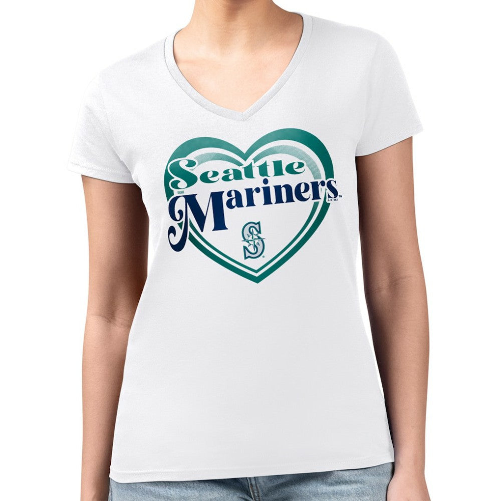 MLB Seattle Mariners G-III 4Her by Carl Banks Women's Super-Slim Fit Lightweight Double Heart V-Neck T-Shirt