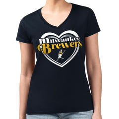 MLB Milwaukee Brewers G-III 4Her by Carl Banks Women's Super-Slim Fit Lightweight Double Heart V-Neck T-Shirt