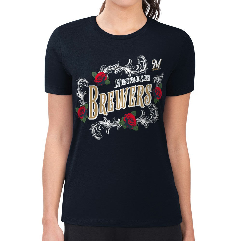 MLB Milwaukee Brewers G-III 4Her by Carl Banks Women's Super-Slim Fit Lightweight Retro Roses T-Shirt