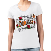 MLB Baltimore Orioles G-III 4Her by Carl Banks Women's Super-Slim Fit Lightweight Retro Roses V-Neck T-Shirt