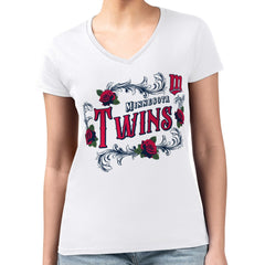 MLB Minnesota Twins G-III 4Her by Carl Banks Women's Super-Slim Fit Lightweight Retro Roses V-Neck T-Shirt