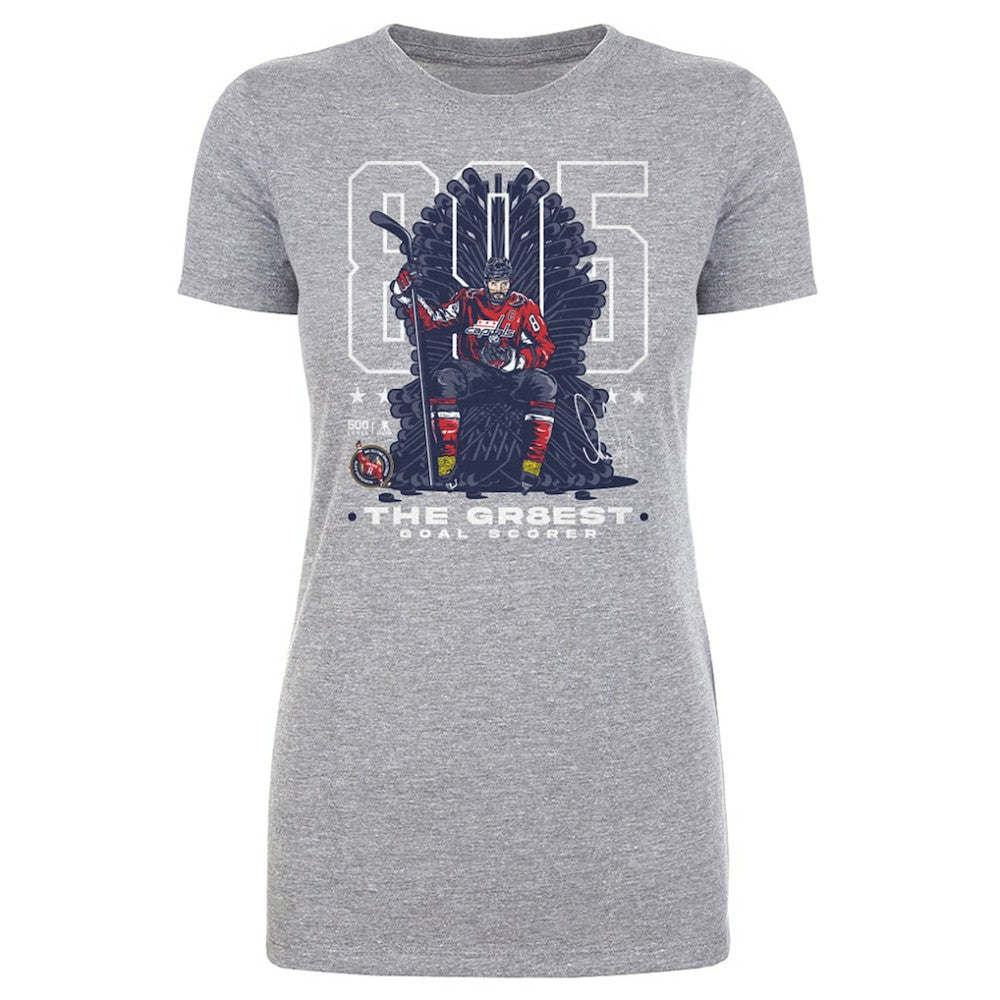 NHL Heather Gray Alexander Ovechkin Washington Capitals 500 Level Women's NHL All-Time Leading Goal Scorer Throne T-Shirt