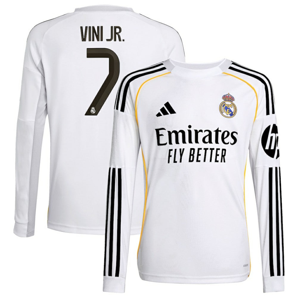 Vini Jr. Real Madrid Youth 2025/26 Home Replica Long Sleeve Jersey - Adidas White