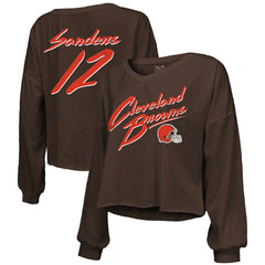 Shedeur Sanders Majestic Threads Women's Name & Number Off-Shoulder Script Cropped Long Sleeve Relaxed V-Neck T-Shirt - Cleveland Browns