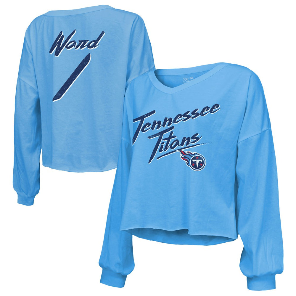Cameron Ward Majestic Threads Women's Name & Number Off-Shoulder Script Cropped Long Sleeve Relaxed V-Neck T-Shirt - Tennessee Titans