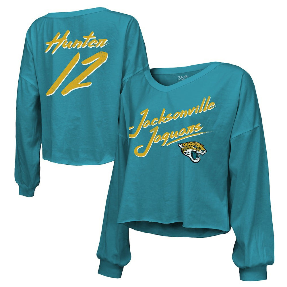 Travis Hunter Majestic Threads Women's Name & Number Off-Shoulder Script Cropped Long Sleeve Relaxed V-Neck T-Shirt - Jacksonville Jaguars