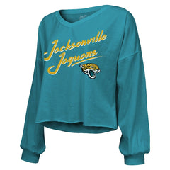Travis Hunter Majestic Threads Women's Name & Number Off-Shoulder Script Cropped Long Sleeve Relaxed V-Neck T-Shirt - Jacksonville Jaguars