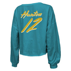 Travis Hunter Majestic Threads Women's Name & Number Off-Shoulder Script Cropped Long Sleeve Relaxed V-Neck T-Shirt - Jacksonville Jaguars