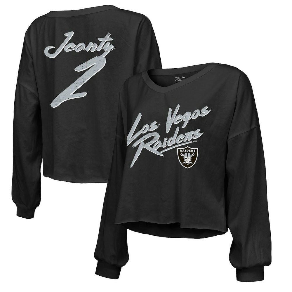 Ashton Jeanty Majestic Threads Women's Name & Number Off-Shoulder Script Cropped Long Sleeve Relaxed V-Neck T-Shirt - Las Vegas Raiders