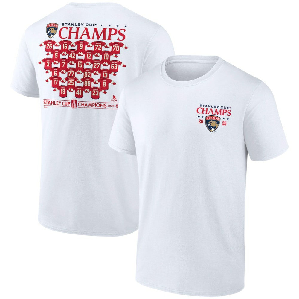 NHL White Florida Panthers Fanatics 2025 Stanley Cup Champions Jersey Roster T-Shirt