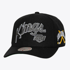 NHL Black Los Angeles Kings Mitchell & Ness x Just Don Wave Script Pro Strapback Hat