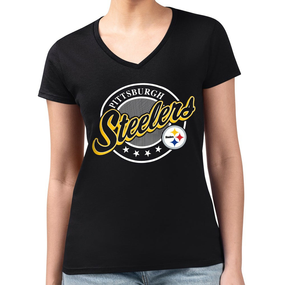 G-III 4Her by Carl Banks Women's Super-Slim Fit Lightweight Pinstripe Circle V-Neck T-Shirt - Pittsburgh Steelers