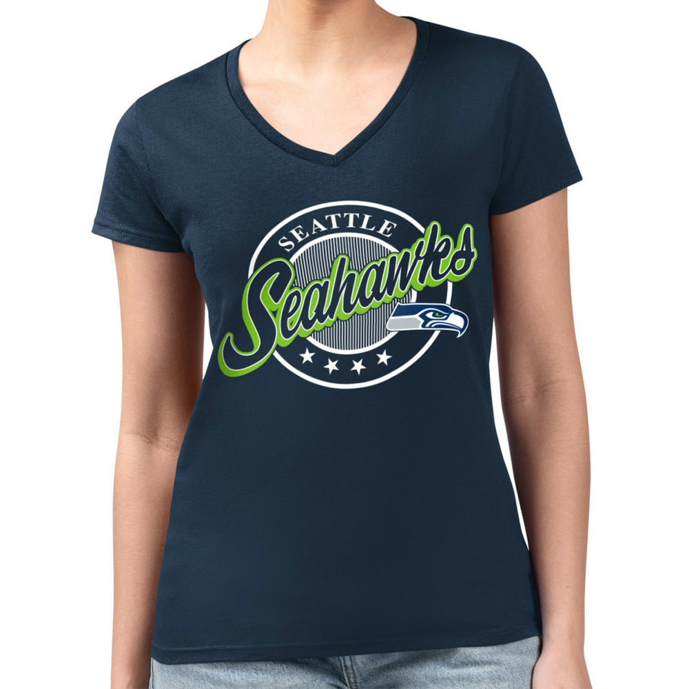 G-III 4Her by Carl Banks Women's Super-Slim Fit Lightweight Pinstripe Circle V-Neck T-Shirt - Seattle Seahawks