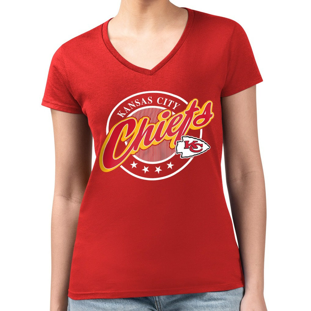 G-III 4Her by Carl Banks Women's Super-Slim Fit Lightweight Pinstripe Circle V-Neck T-Shirt - Kansas City Chiefs