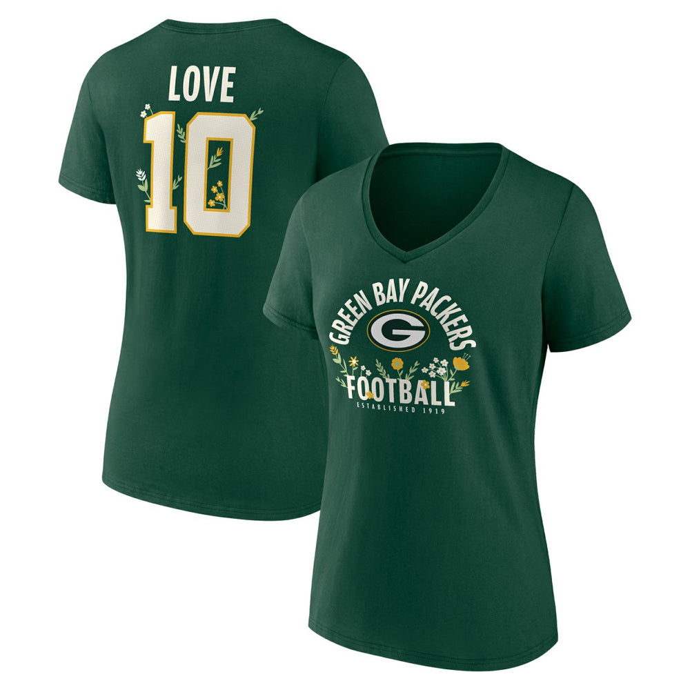 Jordan Love Women's Floral Name & Number V-Neck T-Shirt - Green Bay Packers