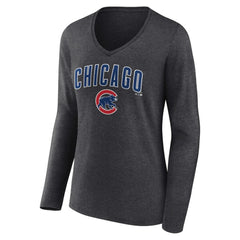 MLB Chicago Cubs Women's Team Lockup Long Sleeve V-Neck T-Shirt