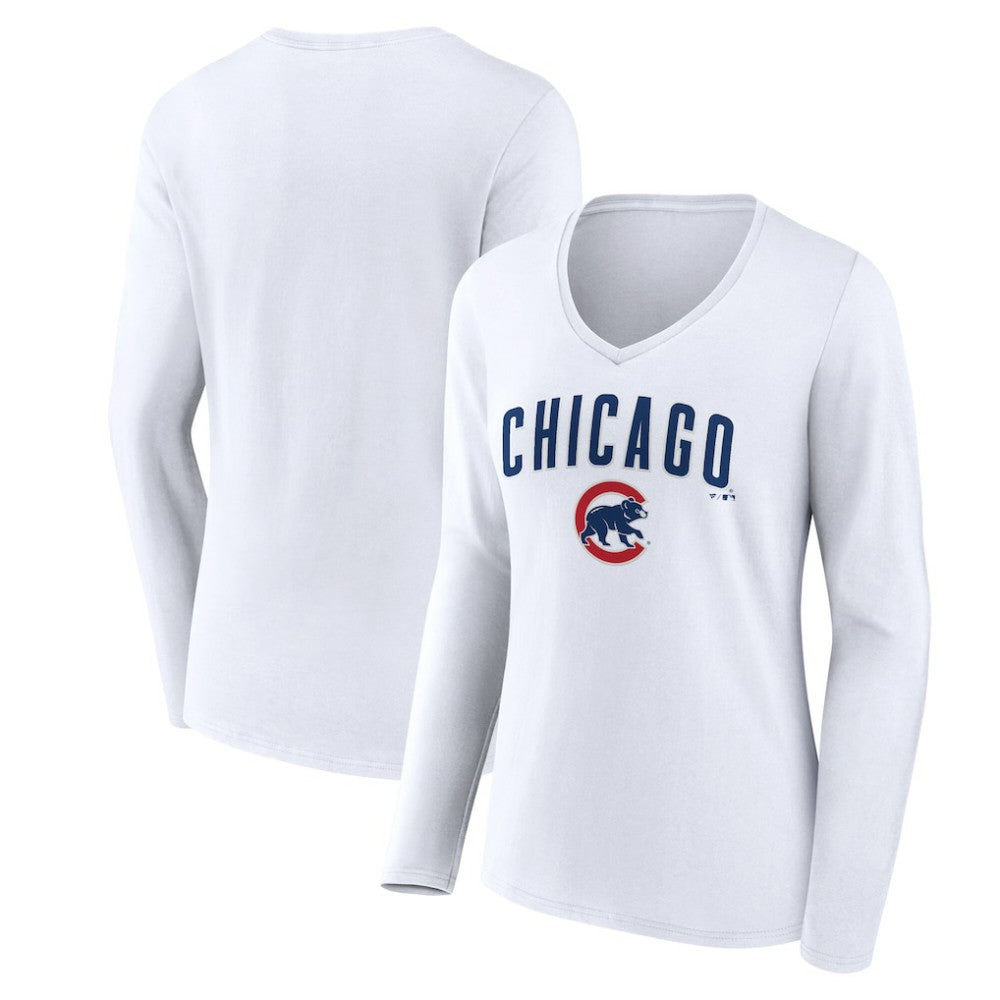 MLB Chicago Cubs Women's Team Lockup Long Sleeve V-Neck T-Shirt