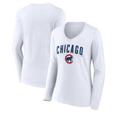 MLB Chicago Cubs Women's Team Lockup Long Sleeve V-Neck T-Shirt