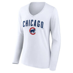 MLB Chicago Cubs Women's Team Lockup Long Sleeve V-Neck T-Shirt