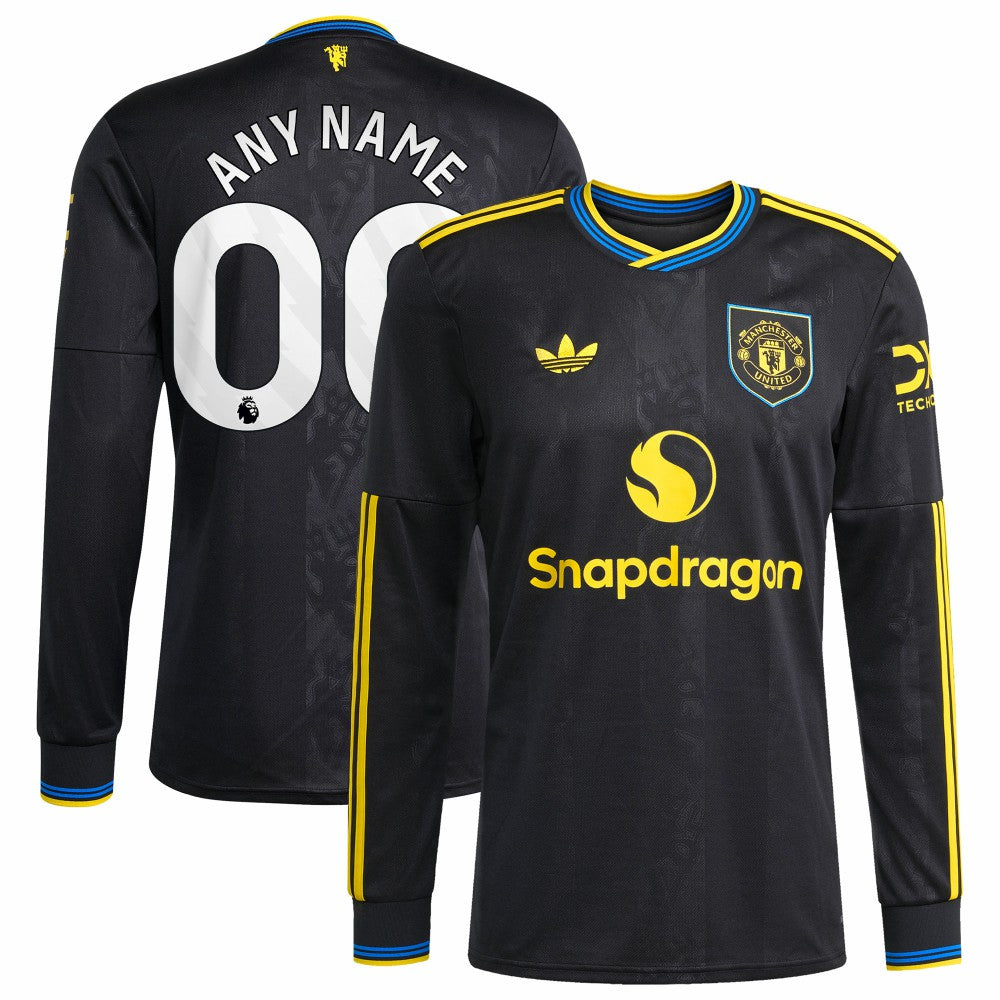 Manchester United 2025/26 Third Replica Long Sleeve Custom Jersey - Adidas Black