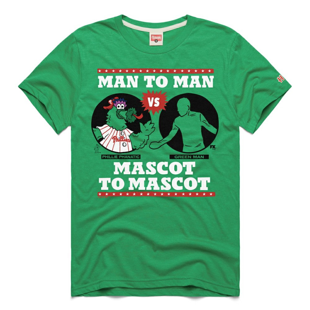 MLB Philadelphia Phillies x It's Always Sunny in Philadelphia Homage Male Adult Phillie Phanatic vs Green Man T-Shirt