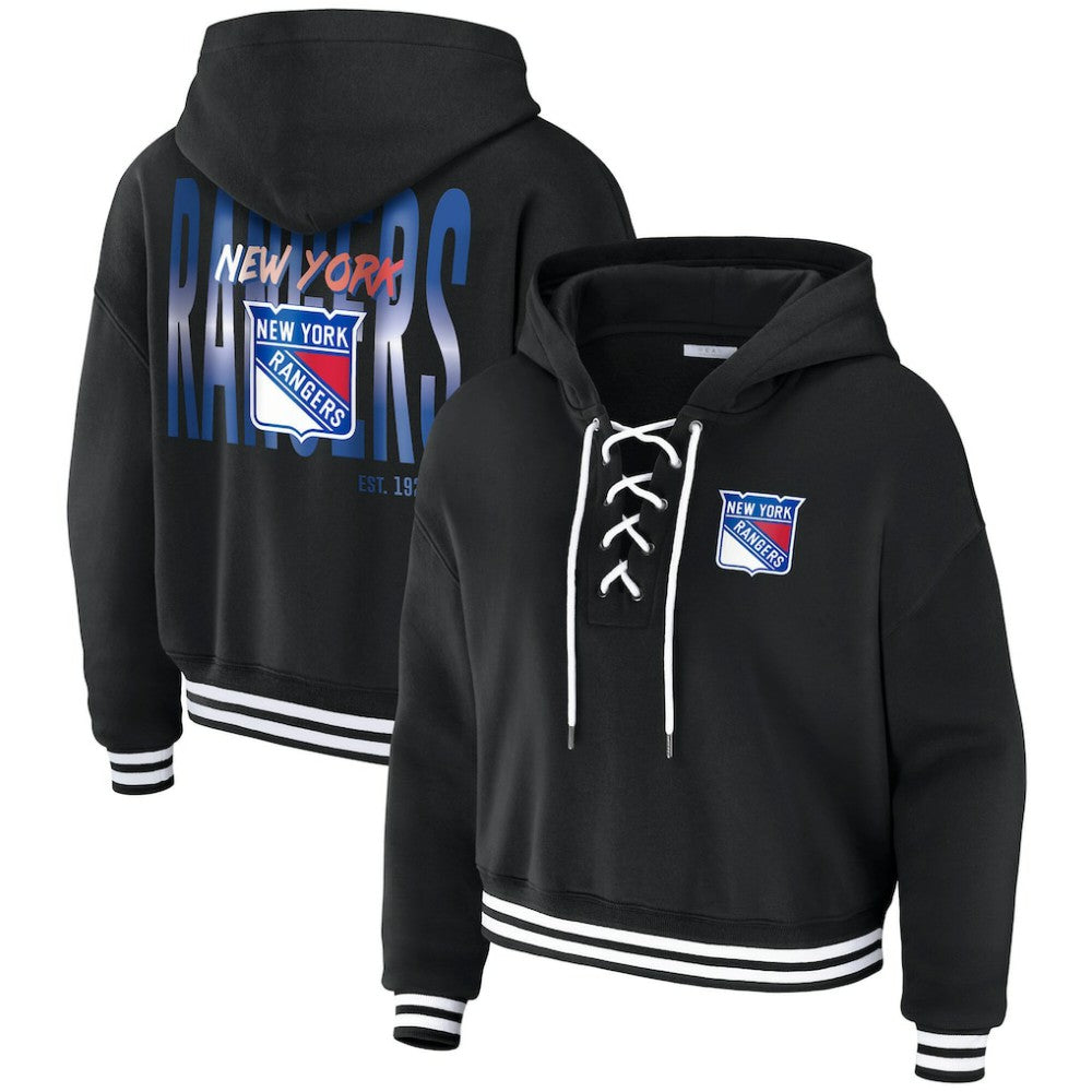 NHL Black New York Rangers WEAR by Erin Andrews Women's Cropped Lace-Up Hoodie