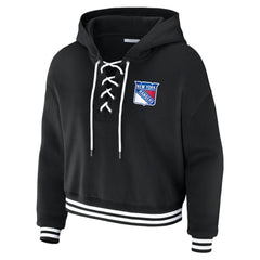 NHL Black New York Rangers WEAR by Erin Andrews Women's Cropped Lace-Up Hoodie