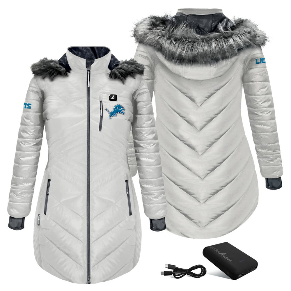 ActionHeat Women's 5V Battery Heated Long Puffer Full-Zip Hoodie Jacket - Detroit Lions