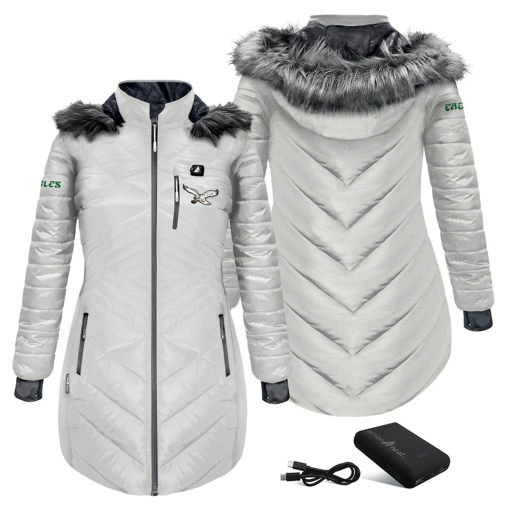 ActionHeat Women's 5V Battery Heated Long Puffer Full-Zip Hoodie Jacket - Philadelphia Eagles