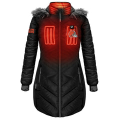 ActionHeat Women's 5V Battery Heated Long Puffer Full-Zip Hoodie Jacket - Cleveland Browns