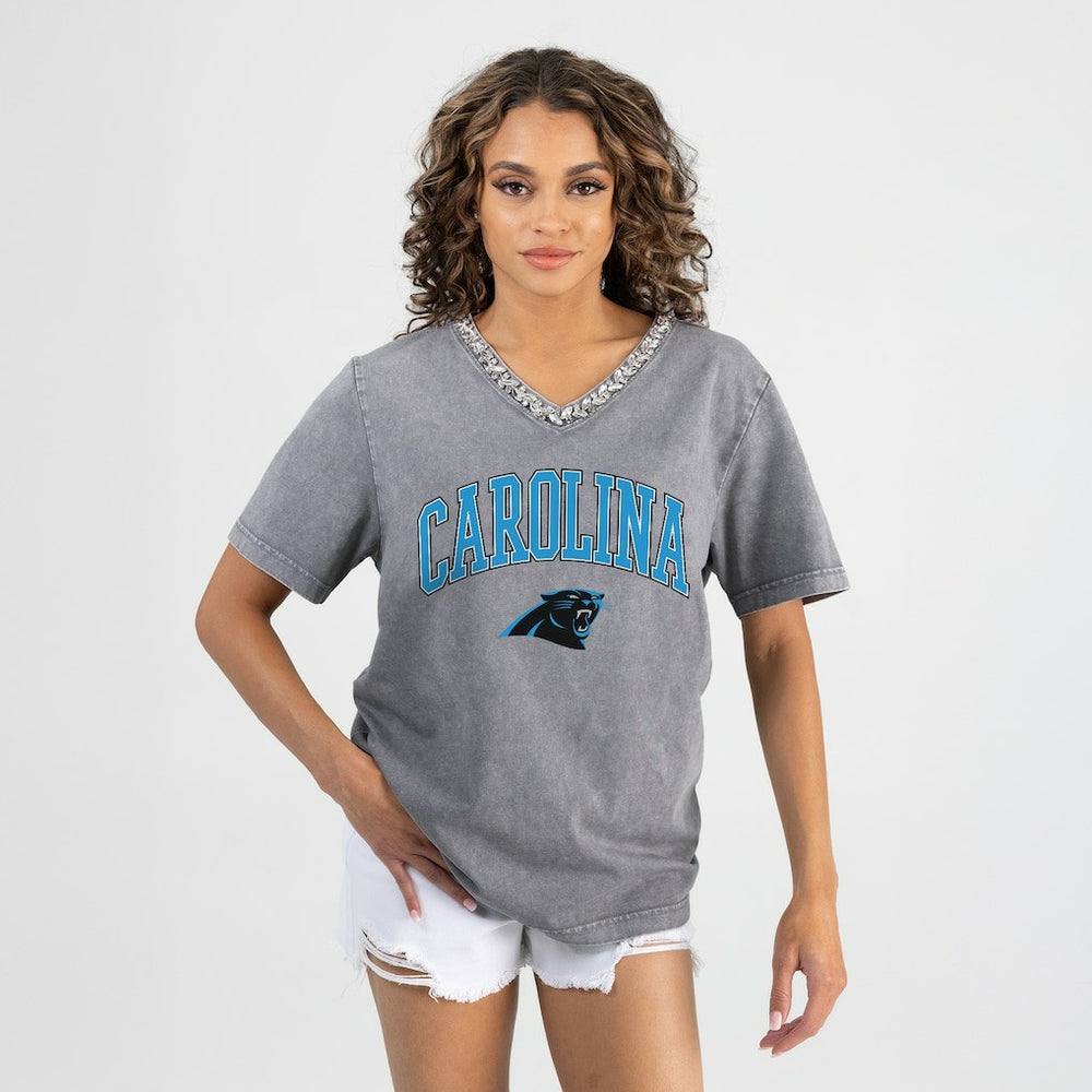 Gameday Couture Women's Relaxed Iconic Edge Rhinestone V-Neck T-Shirt - Carolina Panthers
