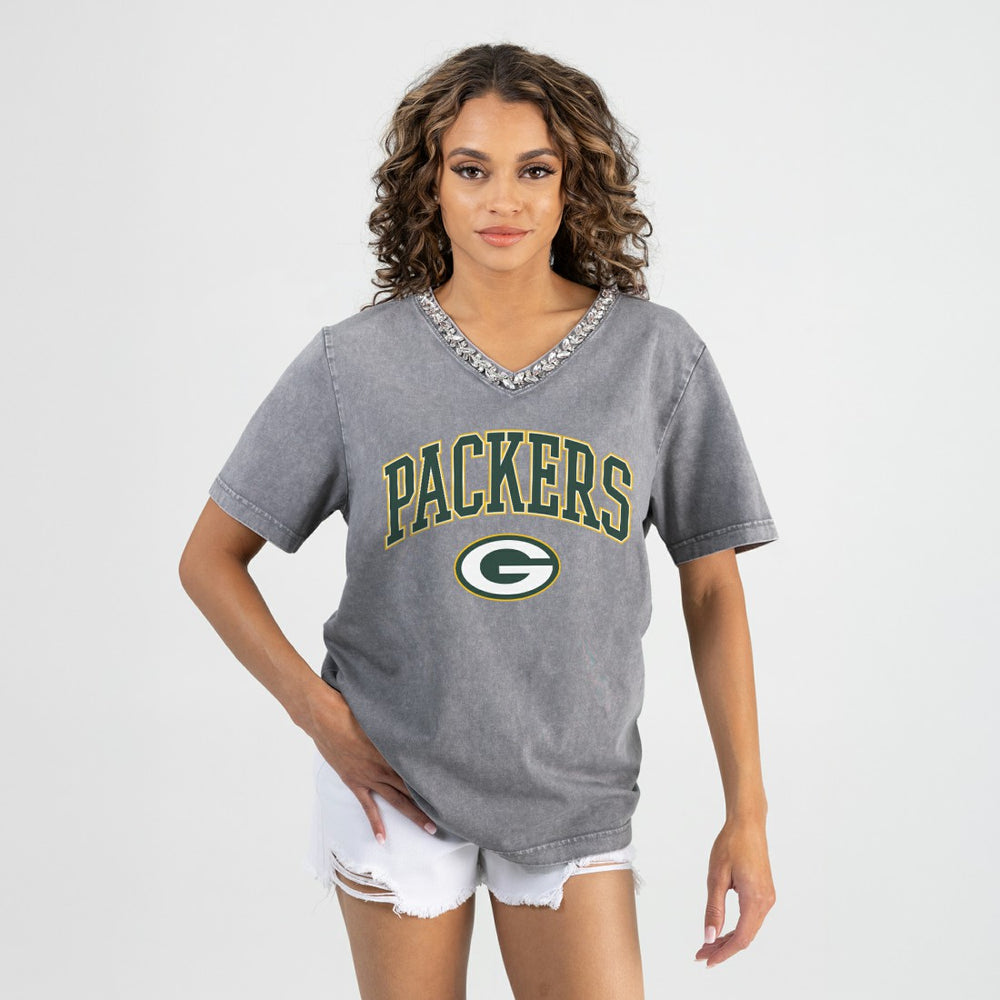 Gameday Couture Women's Relaxed Iconic Edge Rhinestone V-Neck T-Shirt - Green Bay Packers